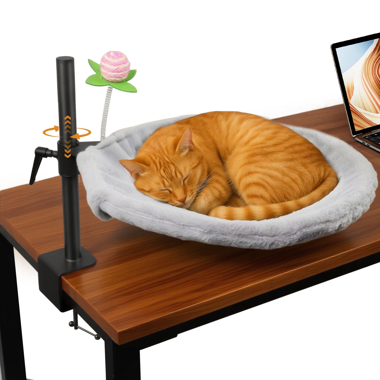 16-Inch Cat Desk Bed - 360° Rotating & Adjustable, Soft Faux Fur, Supports Up to 44lbs, Removable & Washable, Modern Indoor Cat Furniture for Office Desks, Gaming Tables & Island Tables (Round)