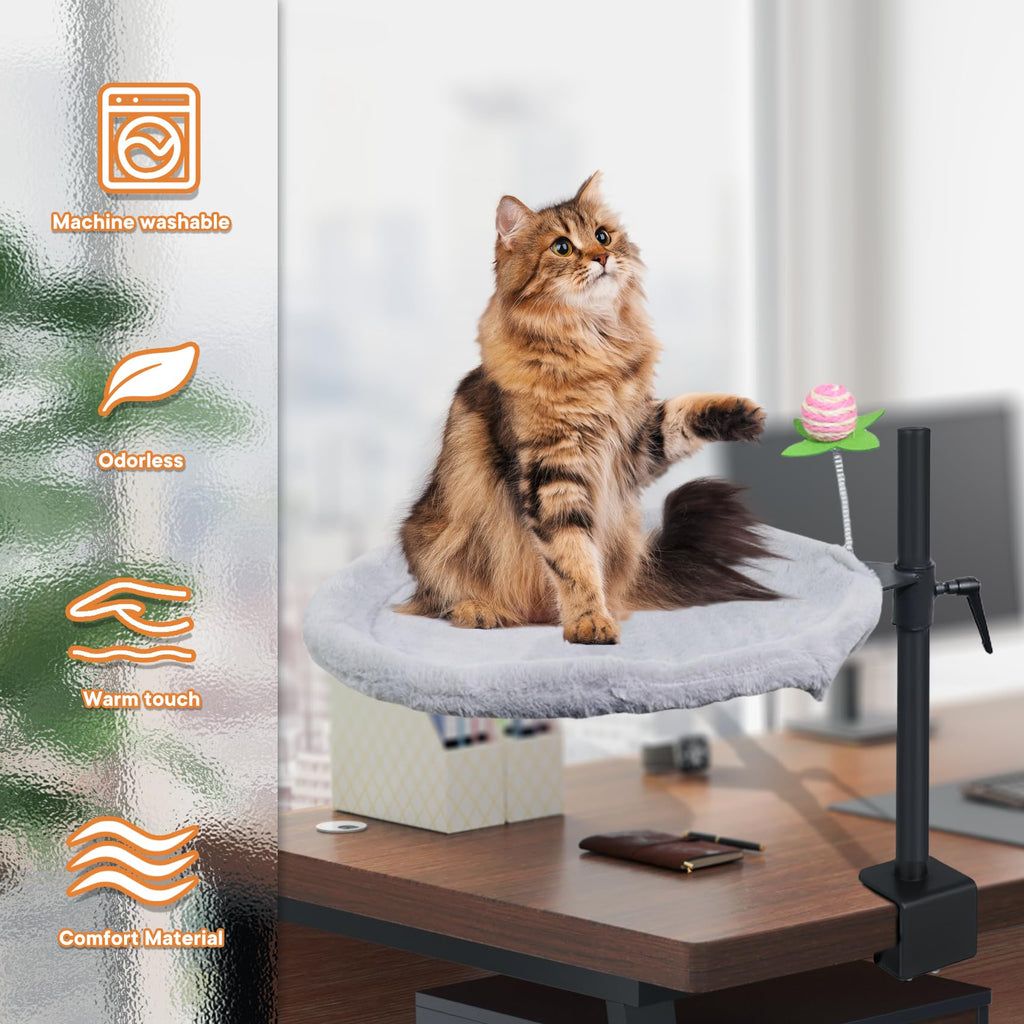 16-Inch Cat Desk Bed - 360° Rotating & Adjustable, Soft Faux Fur, Supports Up to 44lbs, Removable & Washable, Modern Indoor Cat Furniture for Office Desks, Gaming Tables & Island Tables (Round)