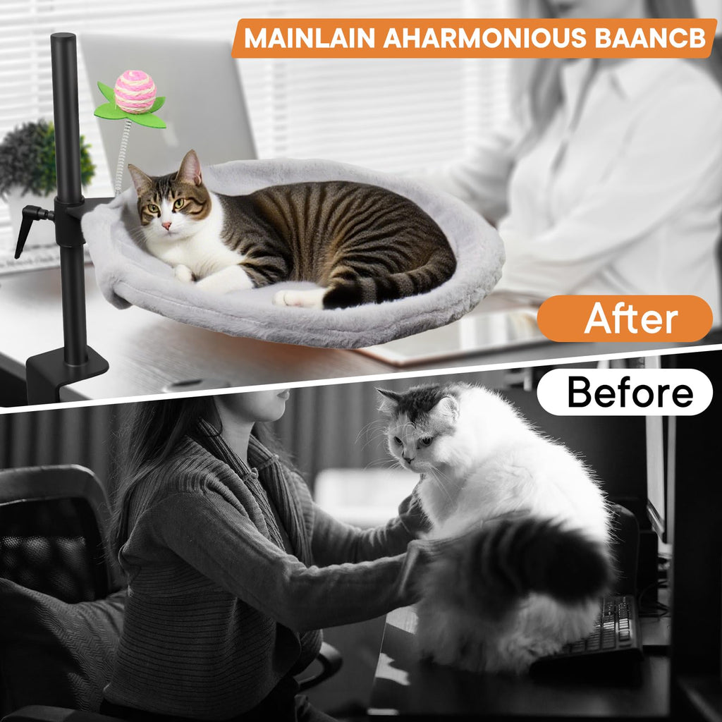 16-Inch Cat Desk Bed - 360° Rotating & Adjustable, Soft Faux Fur, Supports Up to 44lbs, Removable & Washable, Modern Indoor Cat Furniture for Office Desks, Gaming Tables & Island Tables (Round)