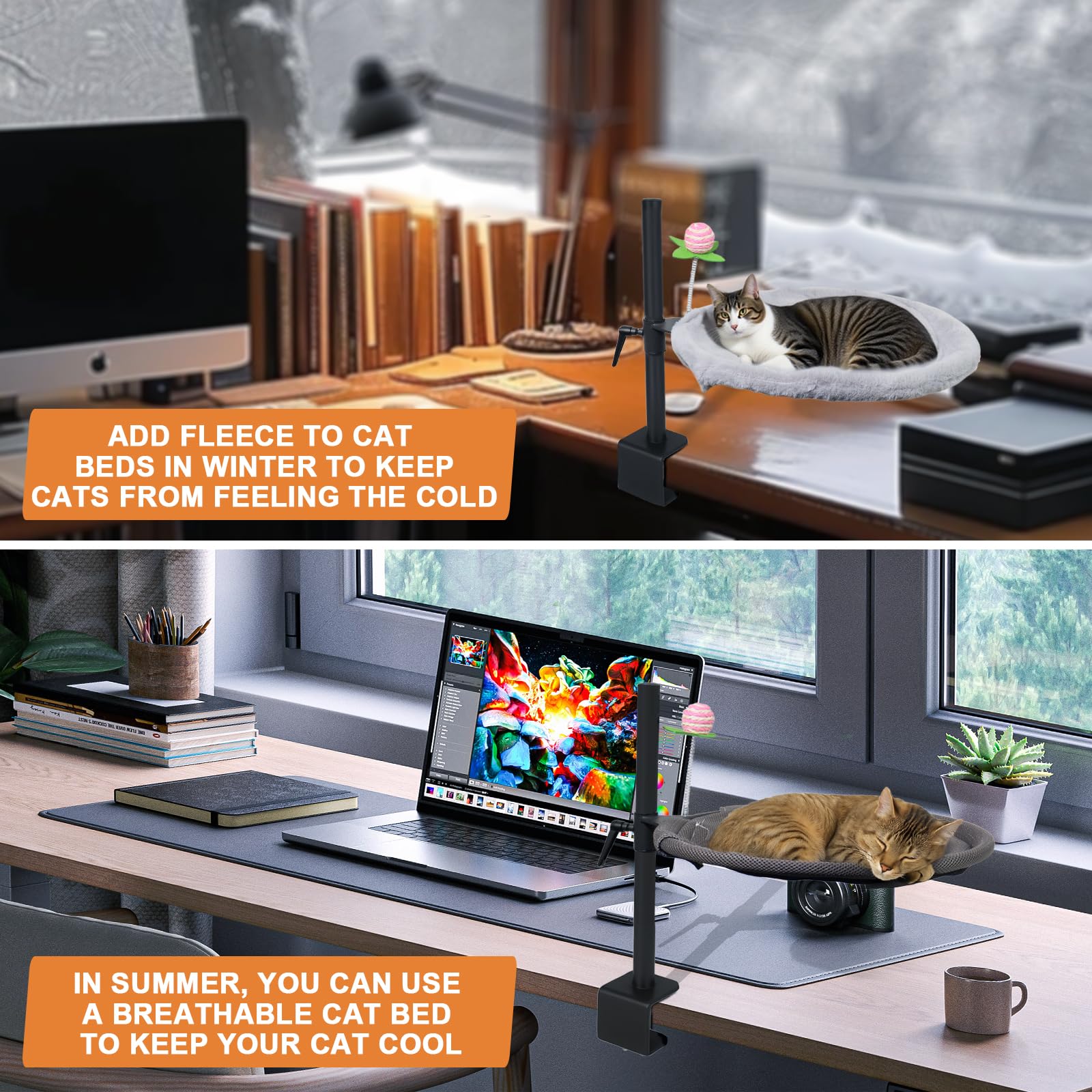 16-Inch Cat Desk Bed - 360° Rotating & Adjustable, Soft Faux Fur, Supports Up to 44lbs, Removable & Washable, Modern Indoor Cat Furniture for Office Desks, Gaming Tables & Island Tables (Round)