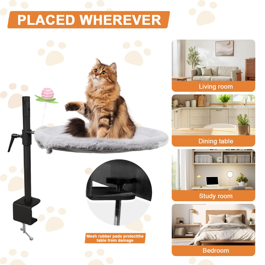 16-Inch Cat Desk Bed - 360° Rotating & Adjustable, Soft Faux Fur, Supports Up to 44lbs, Removable & Washable, Modern Indoor Cat Furniture for Office Desks, Gaming Tables & Island Tables (Round)