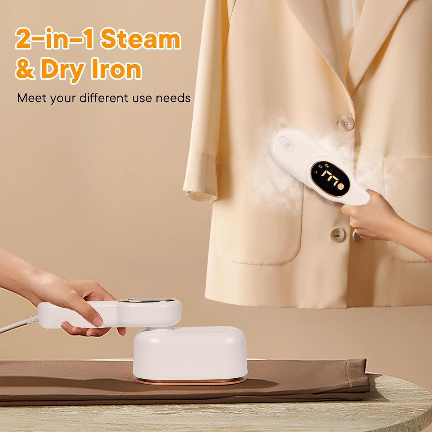 Smart Travel Steamer for Clothes, 1200W Handheld mini travel Steam All-in-One Portable Steamer Iron with LCD Display, 3 Steam Modes & 5s Fast Heat-up, Garment Steamer for Travel, Home, and Office
